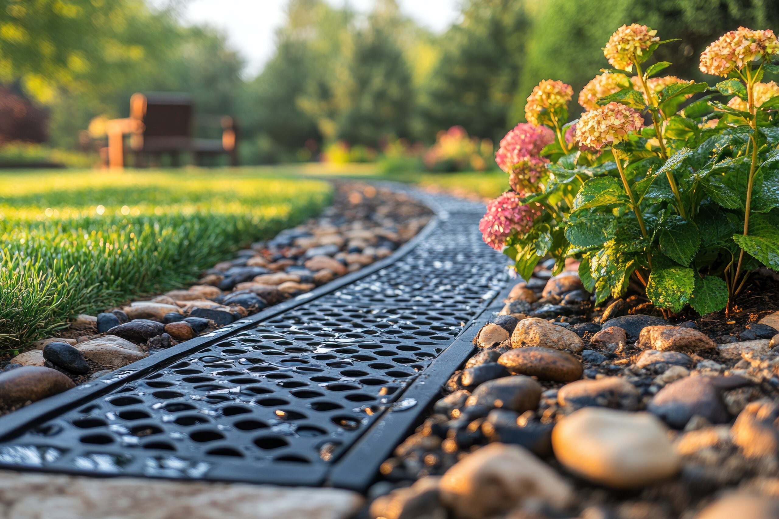 French drain system installed in garden with rocks and flowers.