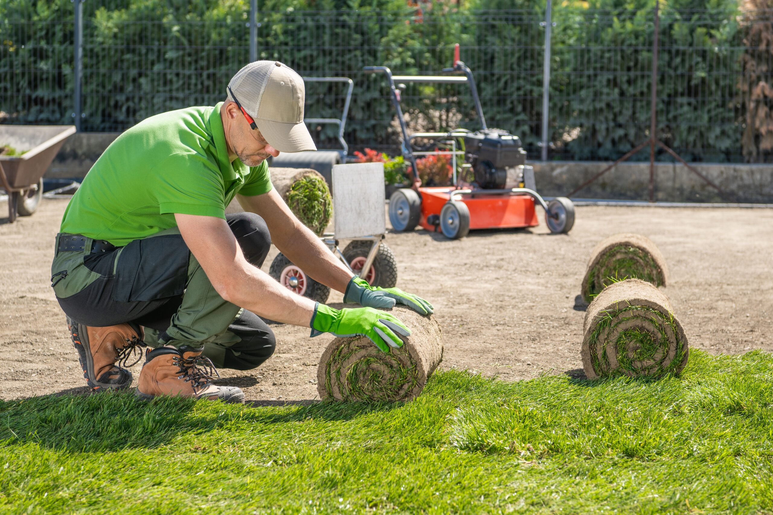 Gardener Laying Down Grass Roll in His Client Backyard